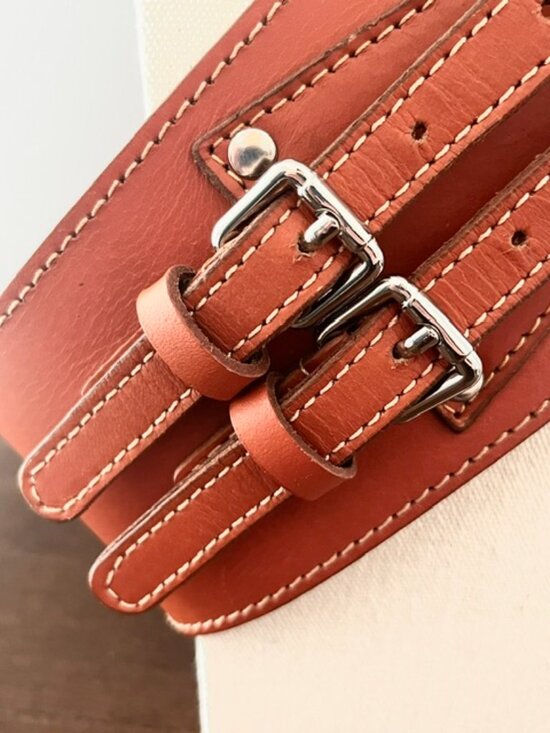 Statement Belt Brown Rust Leather Wide Waist Double Buckle Women Small Medium main image 8